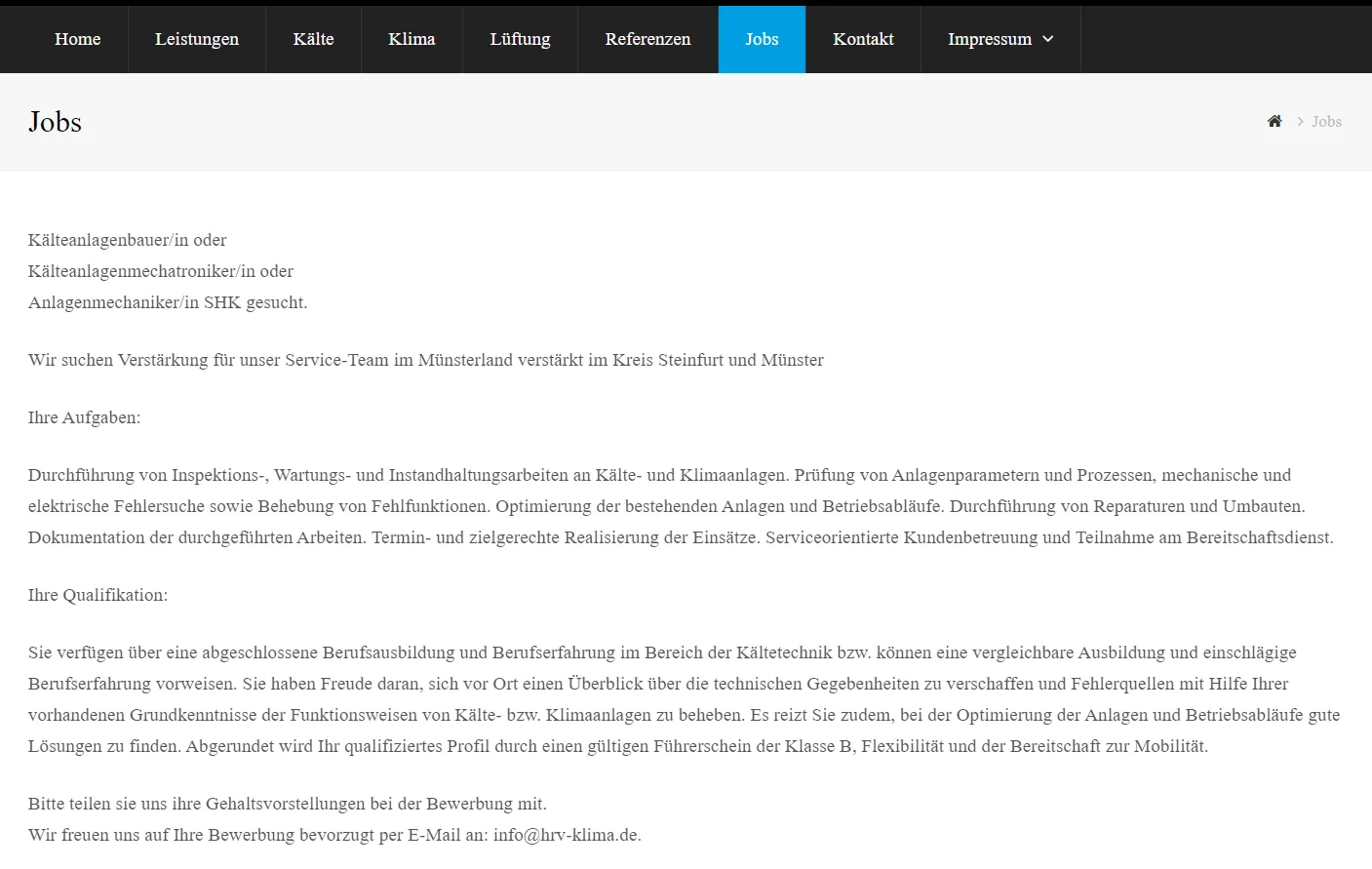 Webdesign-Jobseite für Kältetechniker im-Bereich mit Stellenausschreibung